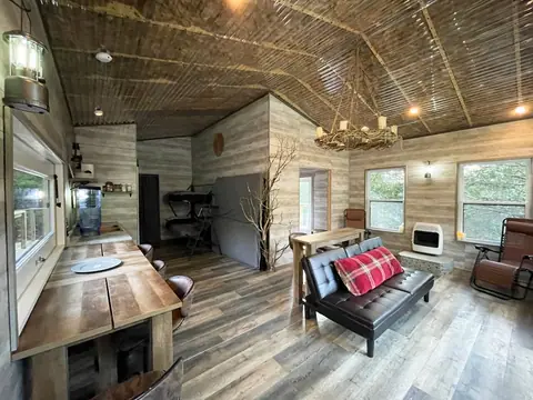 Living area with futon, propane wall heater and woodland views on three sides